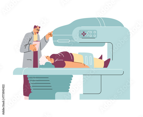 Vector illustration of a male doctor and an elderly female patient with magnetic resonance equipment