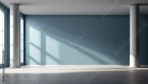 Beautiful gray-blue empty wall with columns with lateral lighting. Minimalistic background for product presentation.  photo