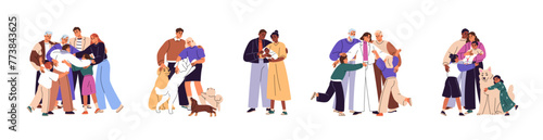 Happy people hug set. Big family rejoices to reunion. Parents, grandparents and kids cuddle together. Mother and father love, hold baby. Girl embraces pet. Flat isolated vector illustrations on white
