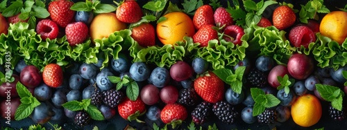 food photography with lots of bright fruits and vegetable salads  