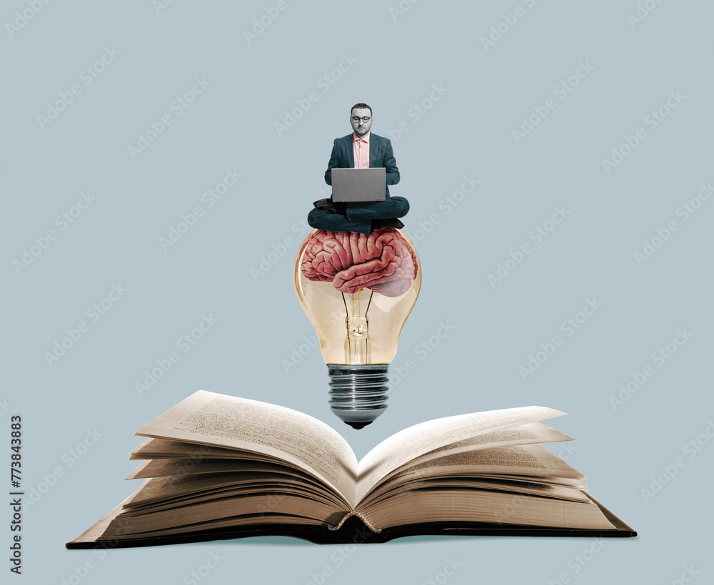 A student with a laptop sits on a light bulb. Art collage. - obrazy, fototapety, plakaty 