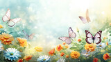 A watercolor painting of meadow blossoms surrounded by floating butterflies in background 