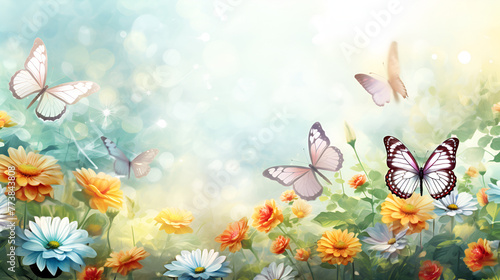 A watercolor painting of meadow blossoms surrounded by floating butterflies in background 