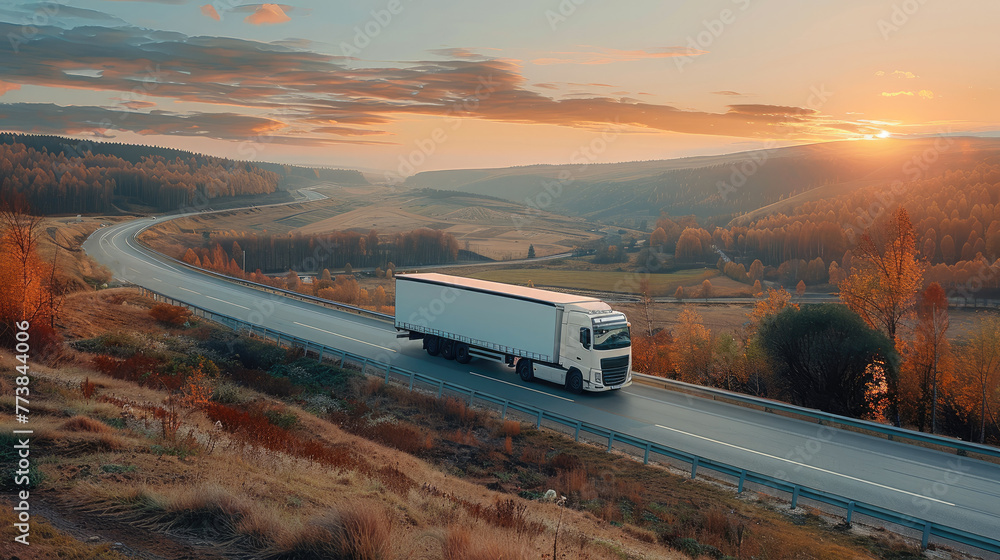 White truck on highway in autumn landscape at sunset, view from hill with green grass and trees. A big delivery lorry driving along the motorway to the city for cargo transport. Generative AI.