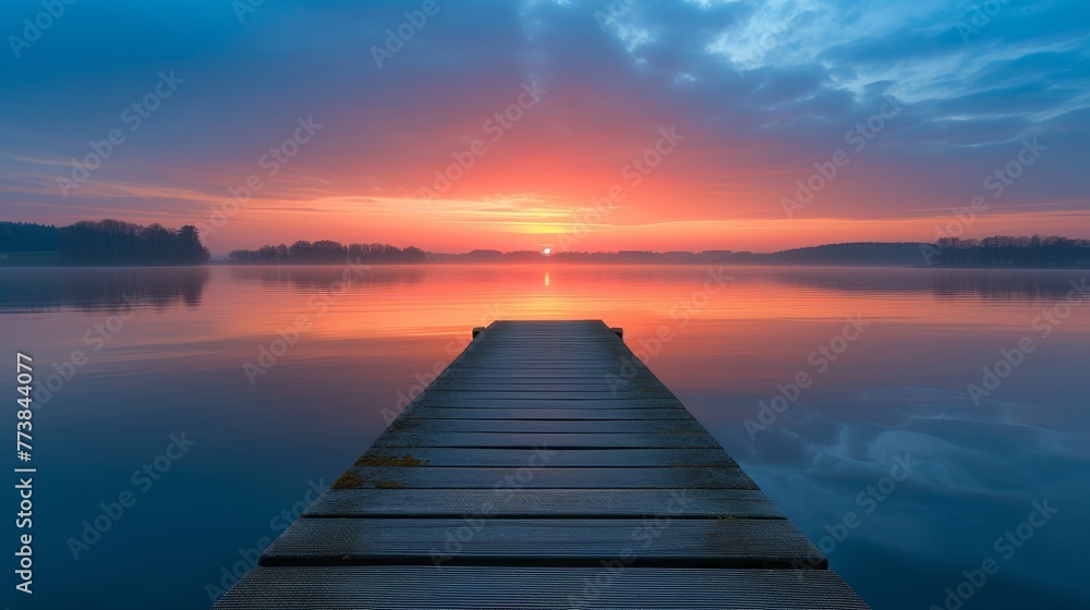 Sunset paints the sky in hues of pink and blue above a calm lake dotted with waterlilies and a leading wooden dock.