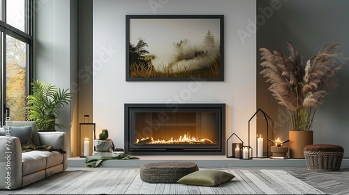 A black framed blank-empty mockup is placed above the fireplace in a contemporary living room. Generative AI. photo