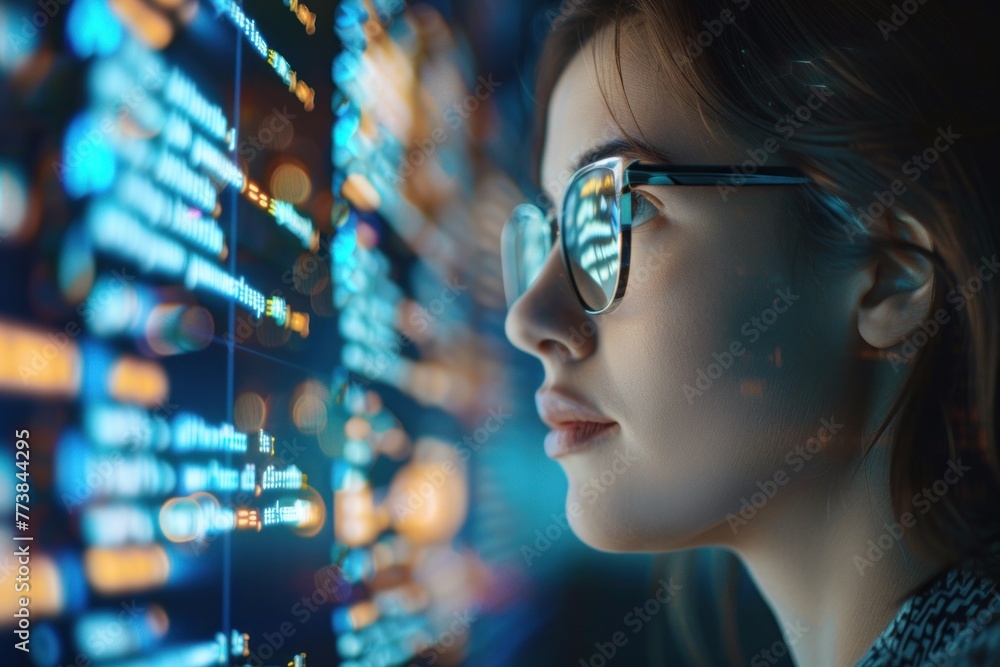 Woman analyzing digital data streams Woman analyzing digital data streams