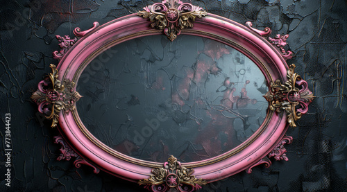 A pink framed mirror with gold trim