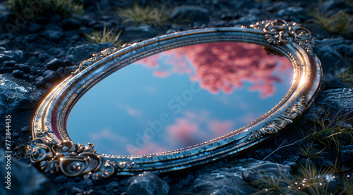 A large oval mirror is on a rocky surface