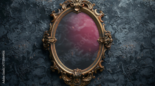 A large mirror with a gold frame is hanging on a wall