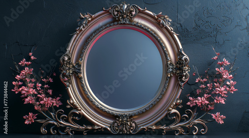 A large mirror with a gold frame and pink flowers on the left side