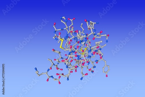 Fototapeta Naklejka Na Ścianę i Meble -  Human insulin. Space-filling molecular model on blue background. Rendering based on protein data bank entry 3i3z. Scientific background. 3d illustration