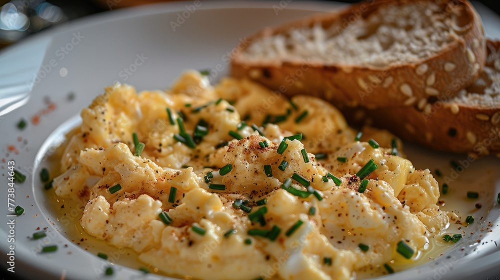 Scrambled eggs in butter with chives and toasted baguette, served on a white plate, dark background. Generative AI. Scrambled eggs in butter with chives and toasted baguette, served on a white plate, dark background. Generative AI.