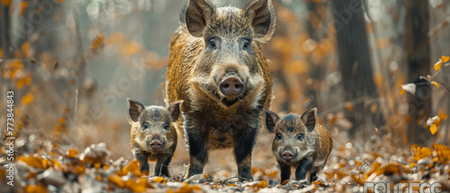 Within the tranquil depths of the forest, a wild boar family traverses gracefully with their adorable baby.