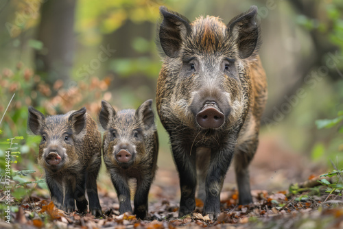In the heart of the forest, a captivating sight unfolds as a wild boar family, accompanied by their charming baby, roams freely. © Evgeniia