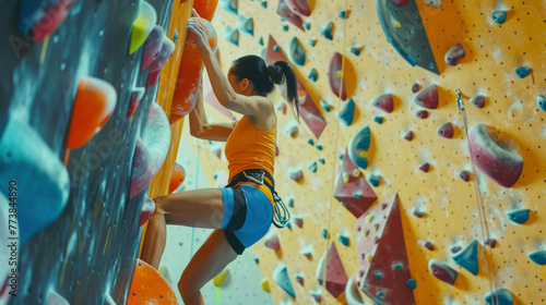 An inspiring image unfolds as a woman climbs a rock climbing wall with agility and determination.
