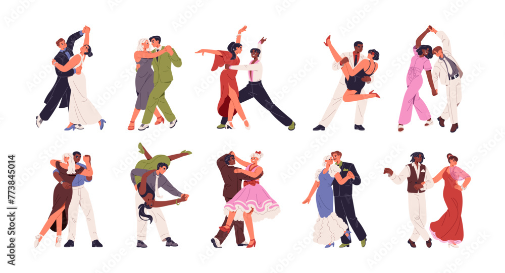 Different dances set. People perform with waltz, argentine tango, salsa. Couples move by music. Pairs show swing, foxtrot, zouk on competition. Flat isolated vector illustrations on white background