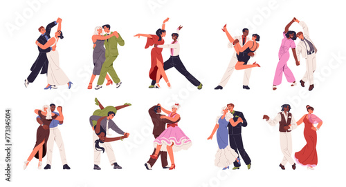 Different dances set. People perform with waltz  argentine tango  salsa. Couples move by music. Pairs show swing  foxtrot  zouk on competition. Flat isolated vector illustrations on white background