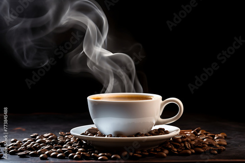 Inviting cup of hot coffee with steam curling above, surrounded by rich, whole coffee beans. Generative AI