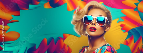 Portrait of a beautiful young woman with bright colorful painted design. Retro and magazine style  modern vision of females beauty and fashion  contemporary artwork