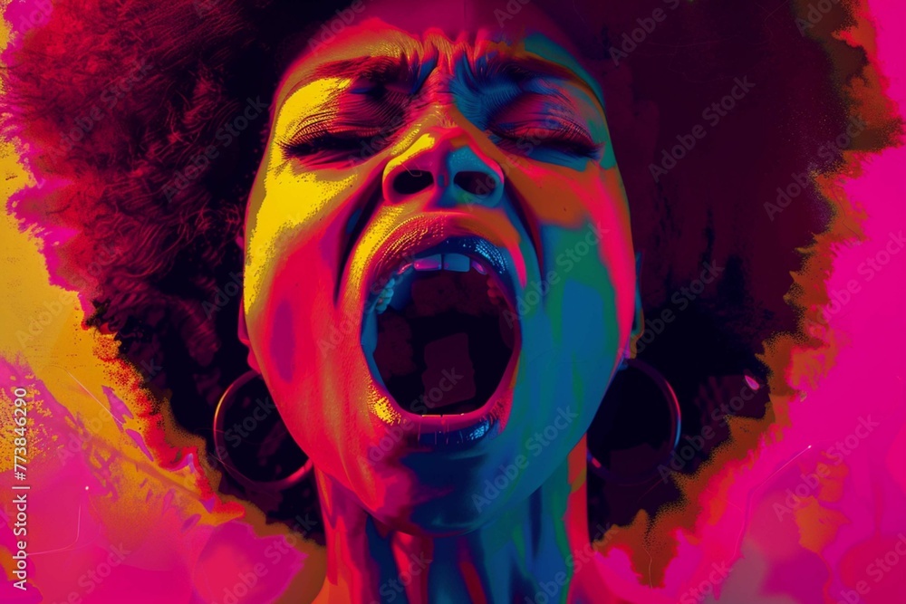 Generative AI illustration of an afro woman screaming in pop style.Artwork