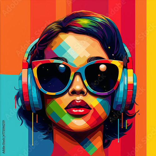 Girl with sunglasses listening to music on headphones, retro party, poster, vector art for music cover, music vector, cool graphic