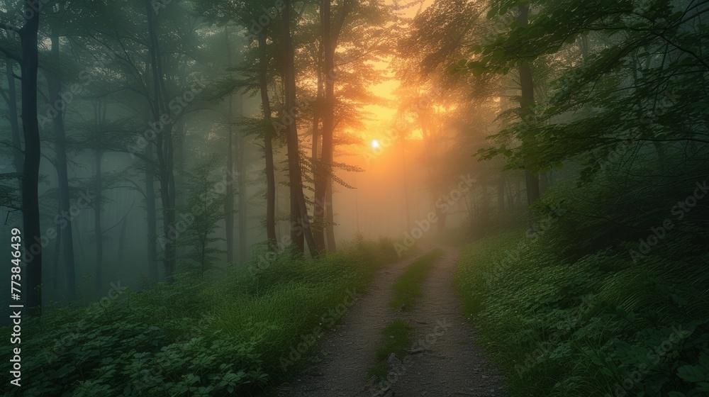 Fototapeta premium Dawn's golden light filters through a misty forest, illuminating a winding path with a magical glow.
