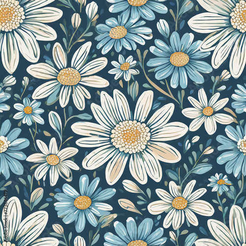 Wallpaper Mural Ditsy liberty style seamless patterns. Set of summer daisy flowers in white and blue.  Torontodigital.ca