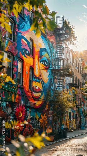 Colorful murals, lively streets, vibrant transformation of community spaces, realistic, golden hour, HDR