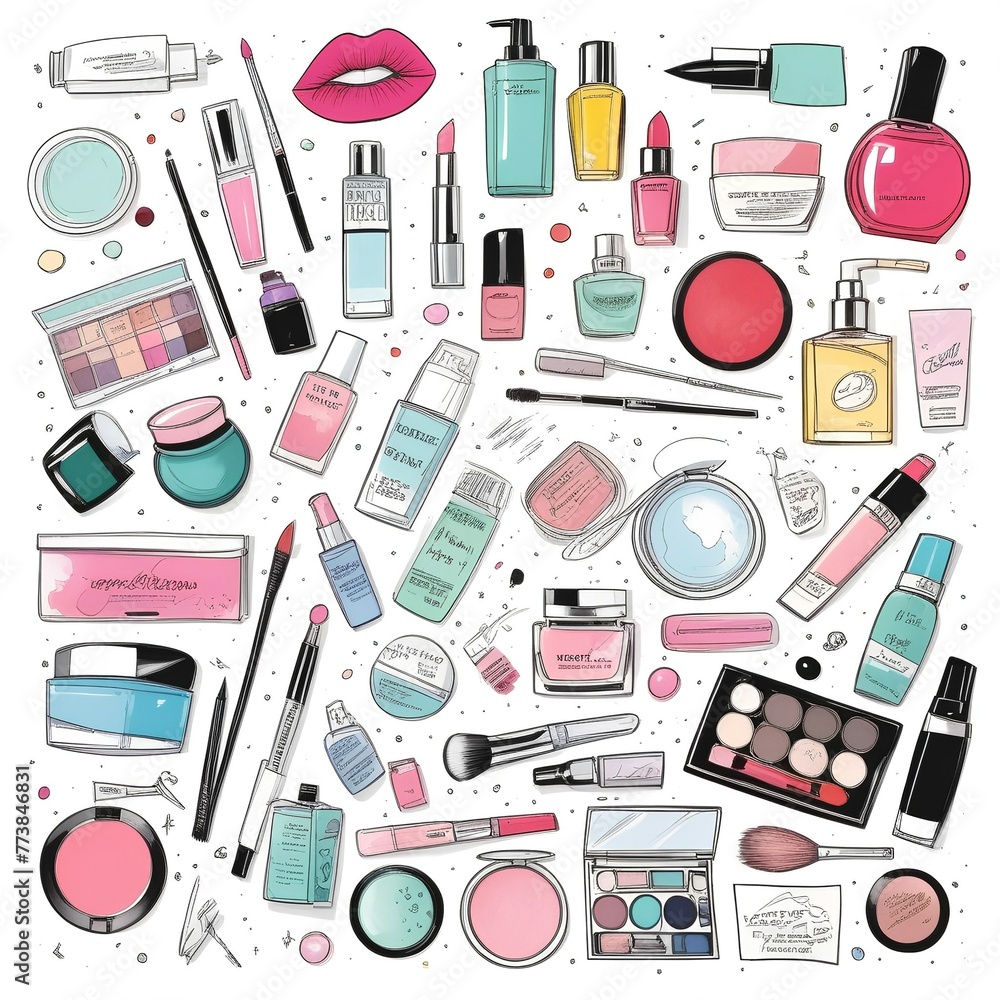 The concept of an online cosmetics store. Top view of bottles of cosmetics, cream, soap, paper bag on a pink background The concept of an online cosmetics store. Top view of bottles of cosmetics, cream, soap, paper bag on a pink background