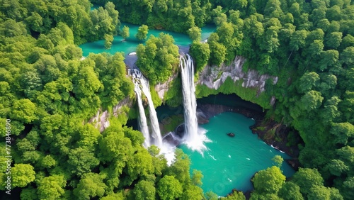 Top view of waterfall in the forest  bird s-eye view  nature landscape.