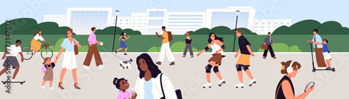 Crowd walks in urban recreational park. Families with kids relax outdoor. Happy people ride a bicycle, rollerblade, do sport, stroll on city green area. Active lifestyle. Flat vector illustration