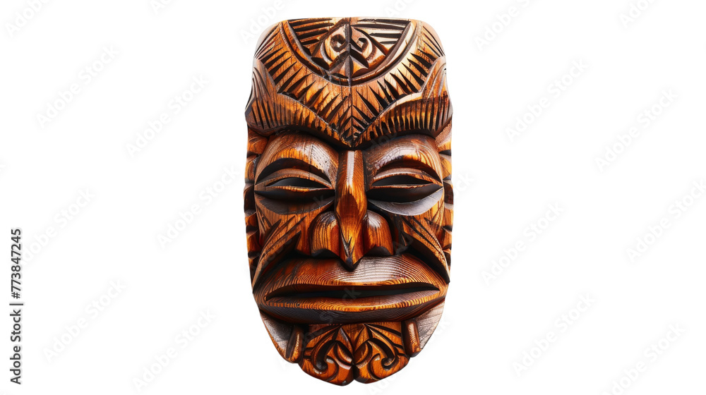 A wooden mask stands boldly against a stark white background, emanating mystery and ancient wisdom A wooden mask stands boldly against a stark white background, emanating mystery and ancient wisdom