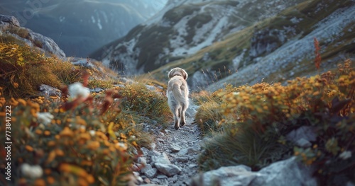 Dog hiking, mountain trail, close-up, adventurous spirit, crisp air, detailed fur texture. 