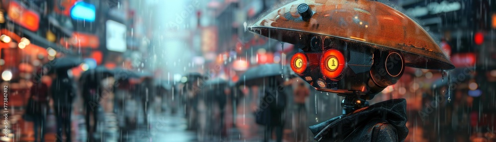 Whimsical Robot, propeller hat, mechanical marvel, wandering through a futuristic marketplace, during a light drizzle, digital painting, with a chromatic aberration effect for a touch of sci-fi flair Whimsical Robot, propeller hat, mechanical marvel, wandering through a futuristic marketplace, during a light drizzle, digital painting, with a chromatic aberration effect for a touch of sci-fi flair