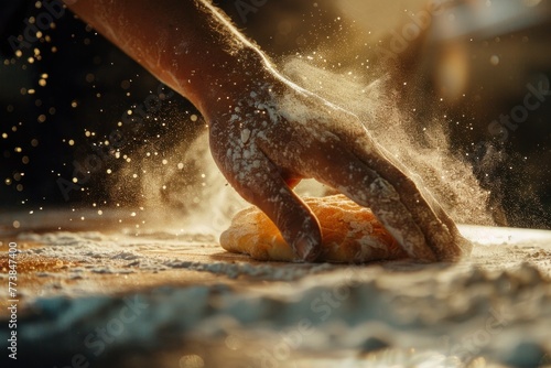 Close-up of baker's hands kneading dough with flour on a wooden surface © Minerva Studio