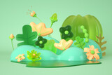 A 3D rendering of a green landscape with flowers and plants
