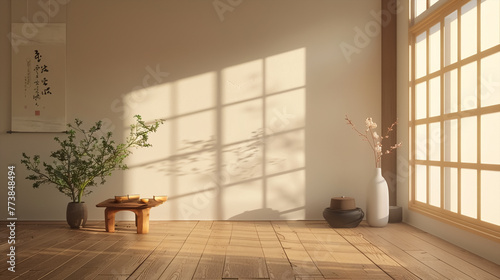 Scandinavian farmhouse living room interior with wooden furniture and rattan chair, wall mock up, 3D render, 3D illustration . Beautiful simple AI generated image in 4K, unique.