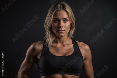 Fitness model posing in a dark background, health and fitness trainer, strong fitness woman
