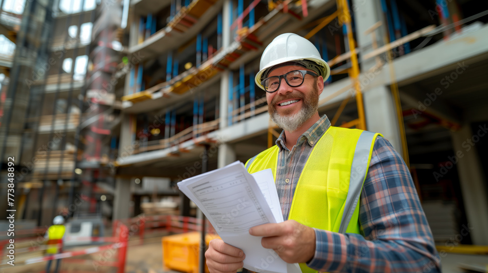 Smiling man wearing a hard hat and reflective vest at a construction site with plans in hand. Ai generative illustration Smiling man wearing a hard hat and reflective vest at a construction site with plans in hand. Ai generative illustration