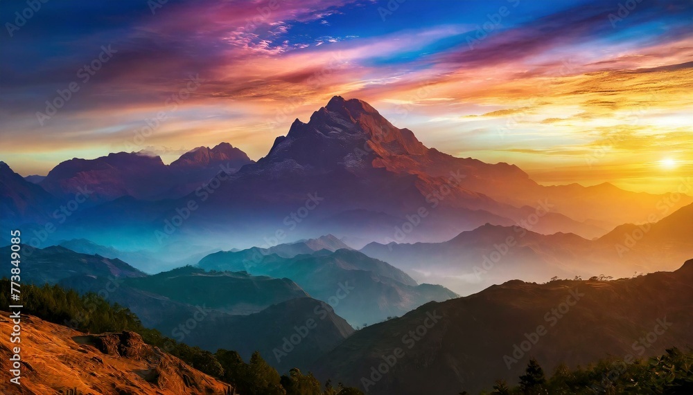 Obraz premium Scenic view of mountain ranges with colorful sky, nature landscape