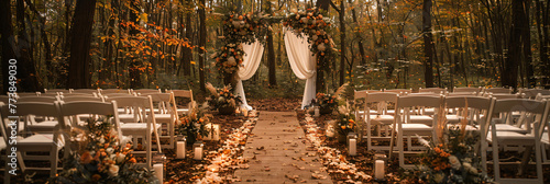 Forest wedding ceremony setup with white chairs and floral archway. Rustic wedding aisle decorated with flowers and candles. Outdoor nuptials theme for design and print. Panoramic view with copy space