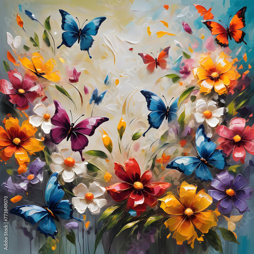 An abstract oil portrayal of wildflowers in perfect balance, their varied shapes and colors blending seamlessly into a symphony of natural beauty.