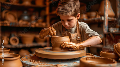 A child is engaging in pottery, appearing focused as hands shape the clay on a spinning wheel amidst ceramic works. Generative AI © ImageFlow