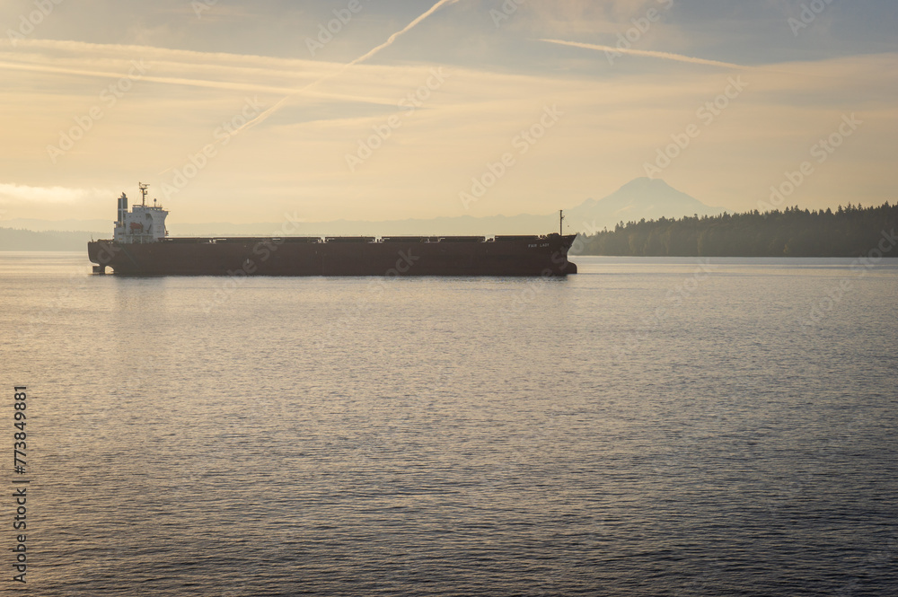 Barge and a Coastal View of Mount Rainier in Washington State