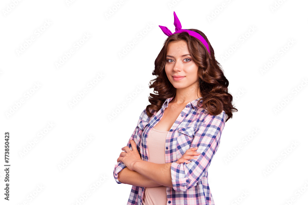 Profile side view portrait of nice calm sweet tender delicate lovely adorable attractive winsome pretty lady wearing head band crossed hands isolated over violet pastel background Profile side view portrait of nice calm sweet tender delicate lovely adorable attractive winsome pretty lady wearing head band crossed hands isolated over violet pastel background