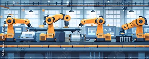 Robot conveyor production line of machines in a machine factory. vector simple illustration