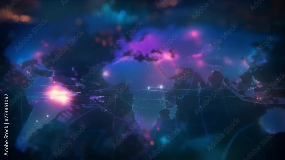 A blurred world map is shown in a dark setting, highlighting global geography in an interactive display. A blurred world map is shown in a dark setting, highlighting global geography in an interactive display.