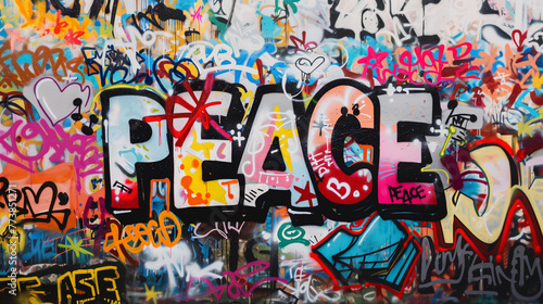 Graffiti wall street art graphic word Peace in bright colorful bold world harmony love care tranquility united artistic spray can paint mural design 