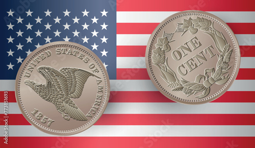Vector American money, one cent coin, 1857. Classic head large cent drawing isolated on with the USA flag. Vector illustration.